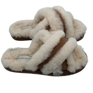 Women's Vermont Country‎ Store Shearling Crossover Slippers 8M Suede Tan Fuzzy
